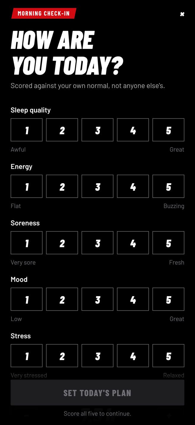 Morning check-in screen with 1 to 5 scores for sleep, energy, soreness, mood and stress